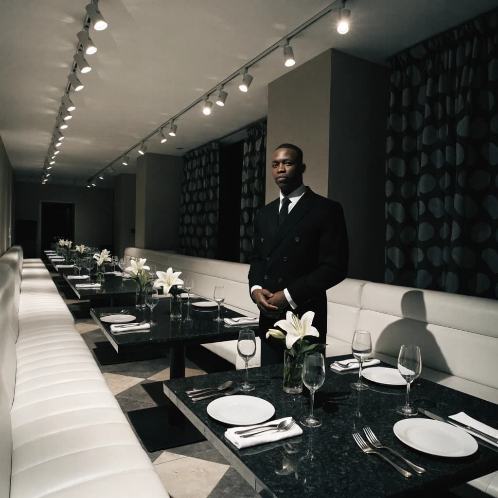 The place is almost empty. The banquettes are covered in white leather, the tables black granite, and the entire room is bathed in halogen track lighting that seems too bright. The maître d’ wears a double-breasted wool crepe jacket. There are lilies on every table.