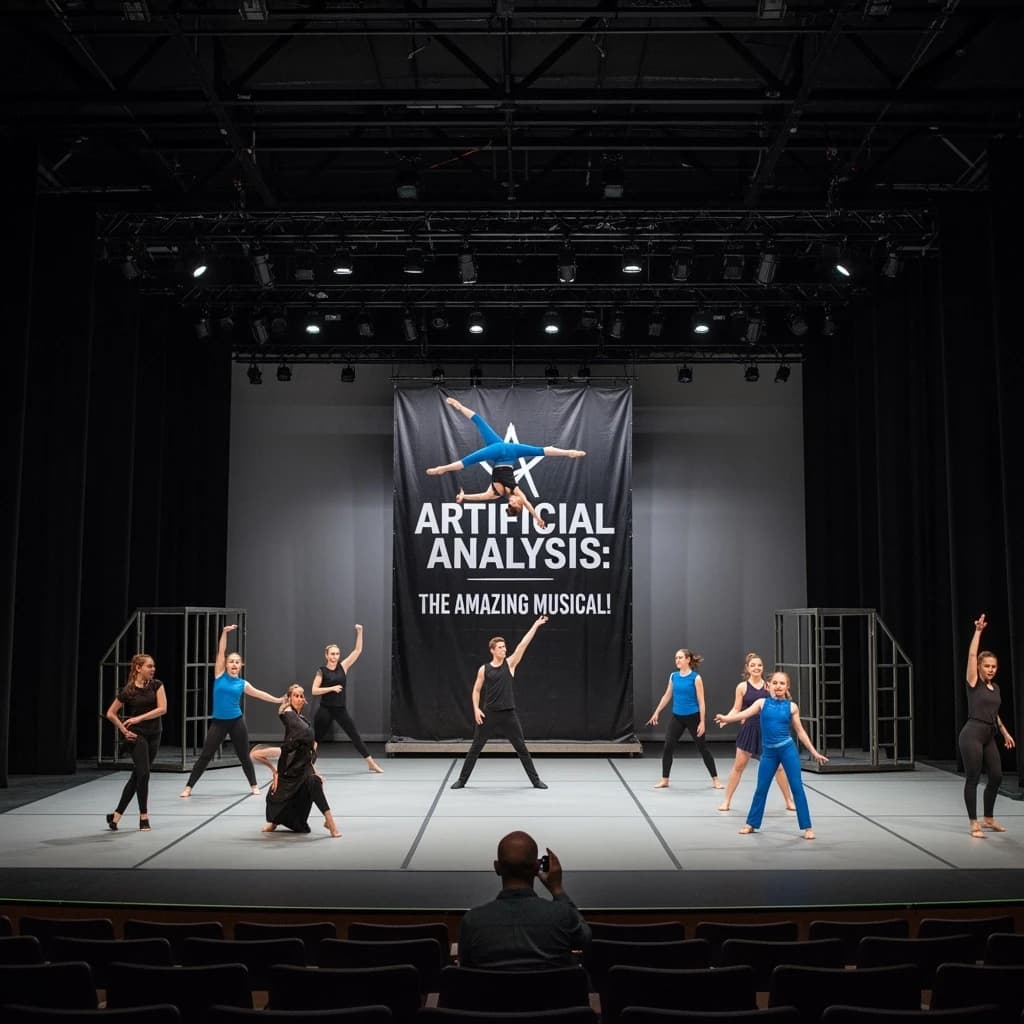The musical troupe do a rehearsal in a large, empty theatre. 9 people are on the stage, half wear black and the others wear blue. The skinny bald director, seated in the second row, is practically leaping out of their seat with excitement as the leads nail their aerial. A giant banner reading "Artificial Analysis: The Amazing Musical!" is behind the actors.