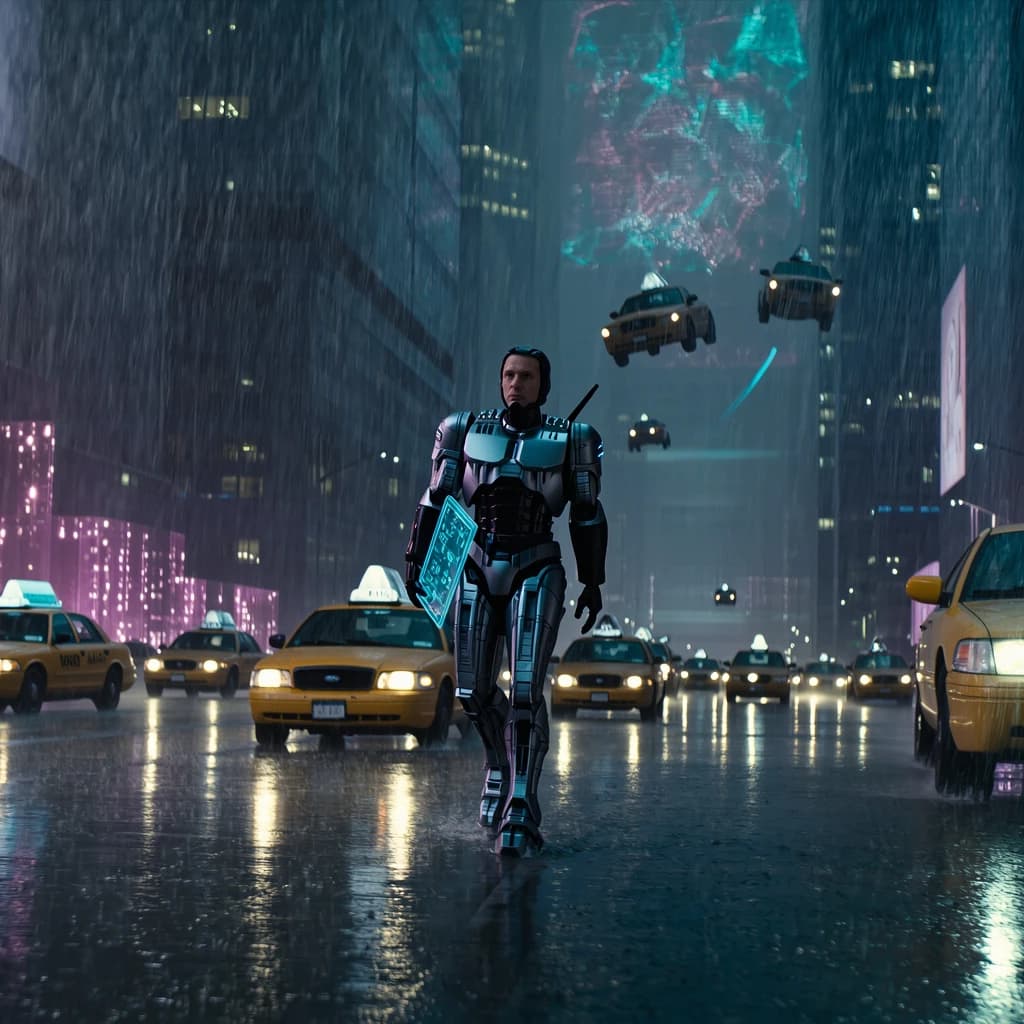 Rain-soaked neon megacity at night, flying taxis weave between glass towers, giant holograms flicker; a lone courier in a matte exosuit, somewhat cinematic wide angle.