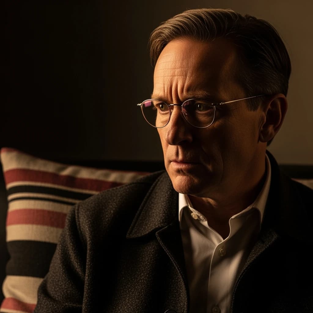 A sharply lit portrait of a middle-aged man wearing thin-rimmed glasses and a dark jacket over a white collared shirt. He gazes intently to the side, his face half illuminated by warm light while the background recedes into deep shadow. The expression is thoughtful, almost wary, as if caught mid-conversation. Behind him, a striped cushion in muted reds and blacks adds subtle texture, contrasting with the crisp highlights on his forehead and glasses. The overall mood is contemplative and cinematic, balancing warmth with tension.