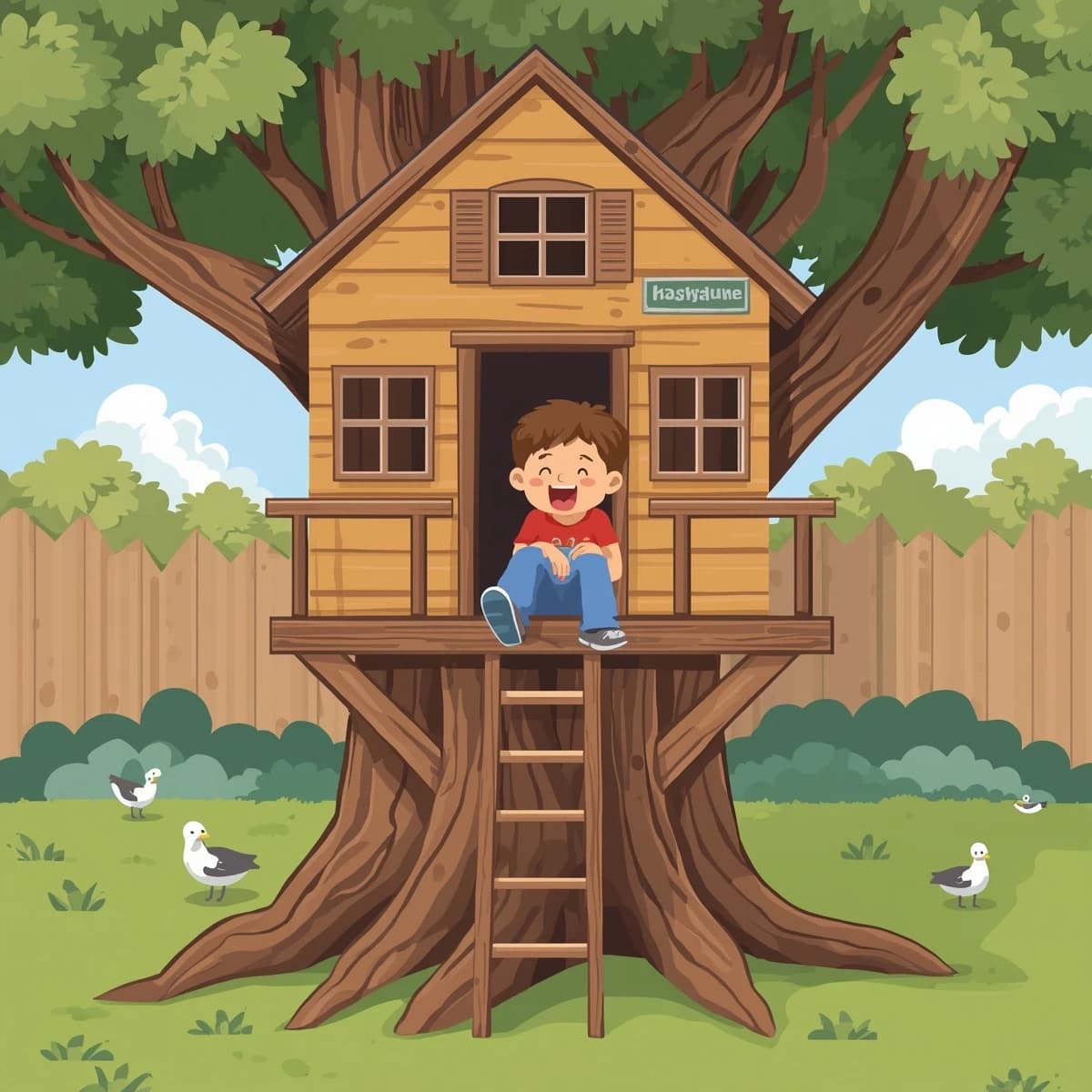 Kids build a backyard treehouse and laugh, bright flat colors, chunky outlines.