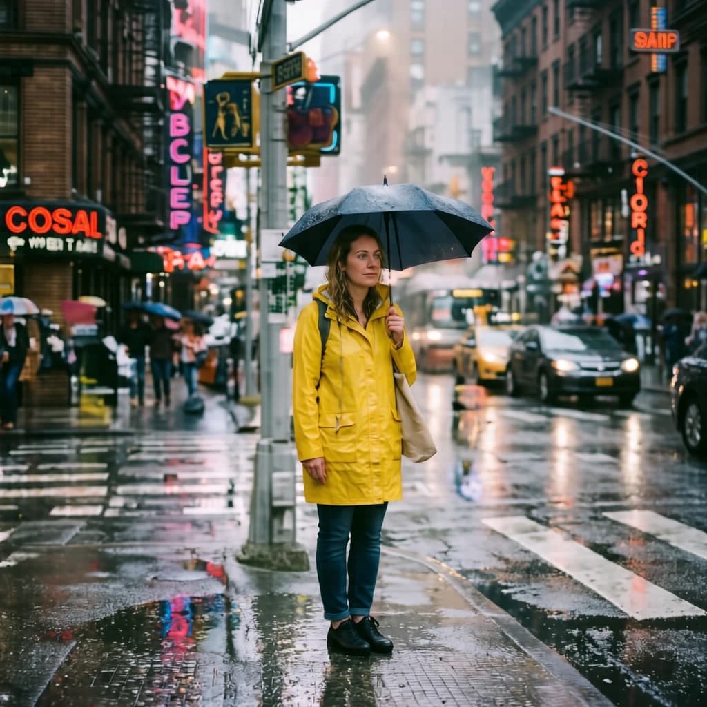 A sunlit city street after rain; puddles mirror neon signs as a woman in a yellow raincoat waits at a crosswalk, soft mist, 50mm look, natural tones, a bit of film grain.