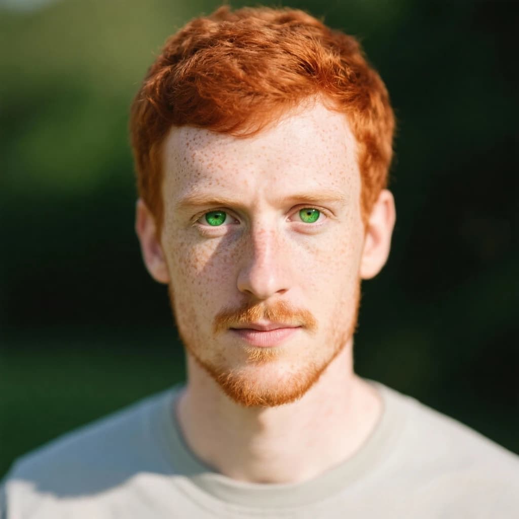 Shoot a natural light headshot of a red-haired man with freckles, green eyes.