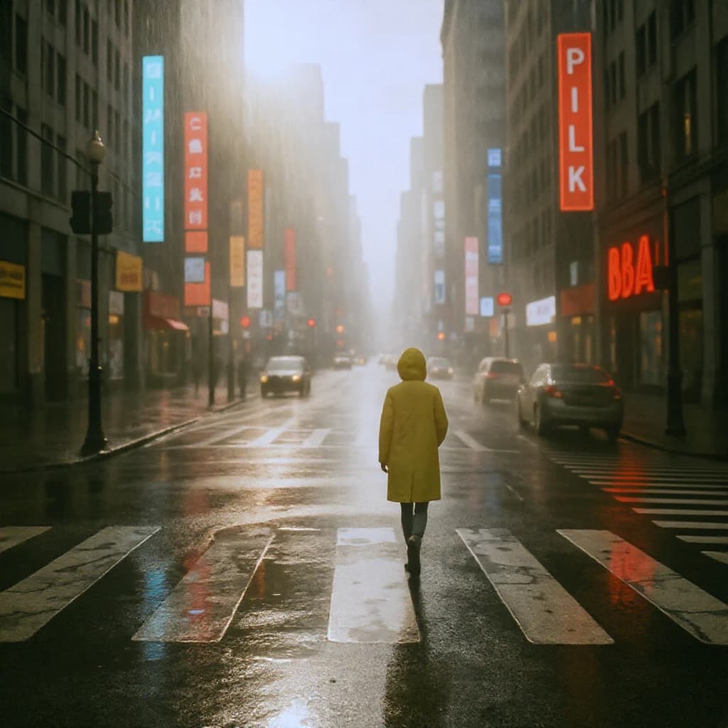 A sunlit city street after rain; puddles mirror neon signs as a woman in a yellow raincoat waits at a crosswalk, soft mist, 50mm look, natural tones, a bit of film grain.