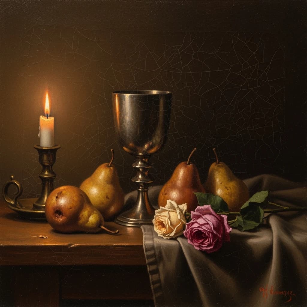 Create an oil on canvas still life with a tarnished goblet, bruised pears, and wilted roses, lit by a single candle; a bit muted palette, soft brushwork, subtle craquelure.