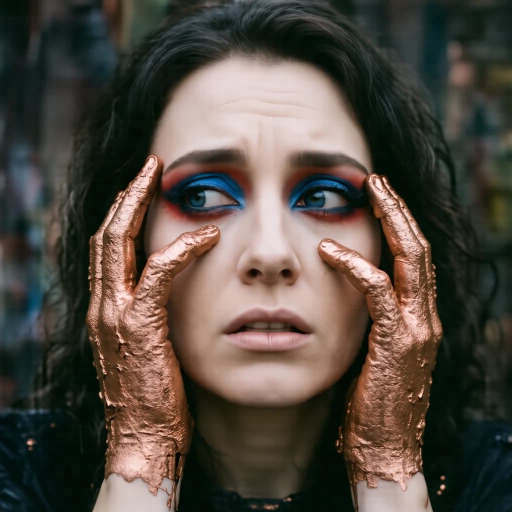A striking close-up portrait of a woman with cracked metallic copper-painted hands framing her face. Her vivid blue and red eye makeup contrasts sharply with the smooth, pale skin and muted background, creating a bold, surreal composition. She displays an air of uncertainty about her