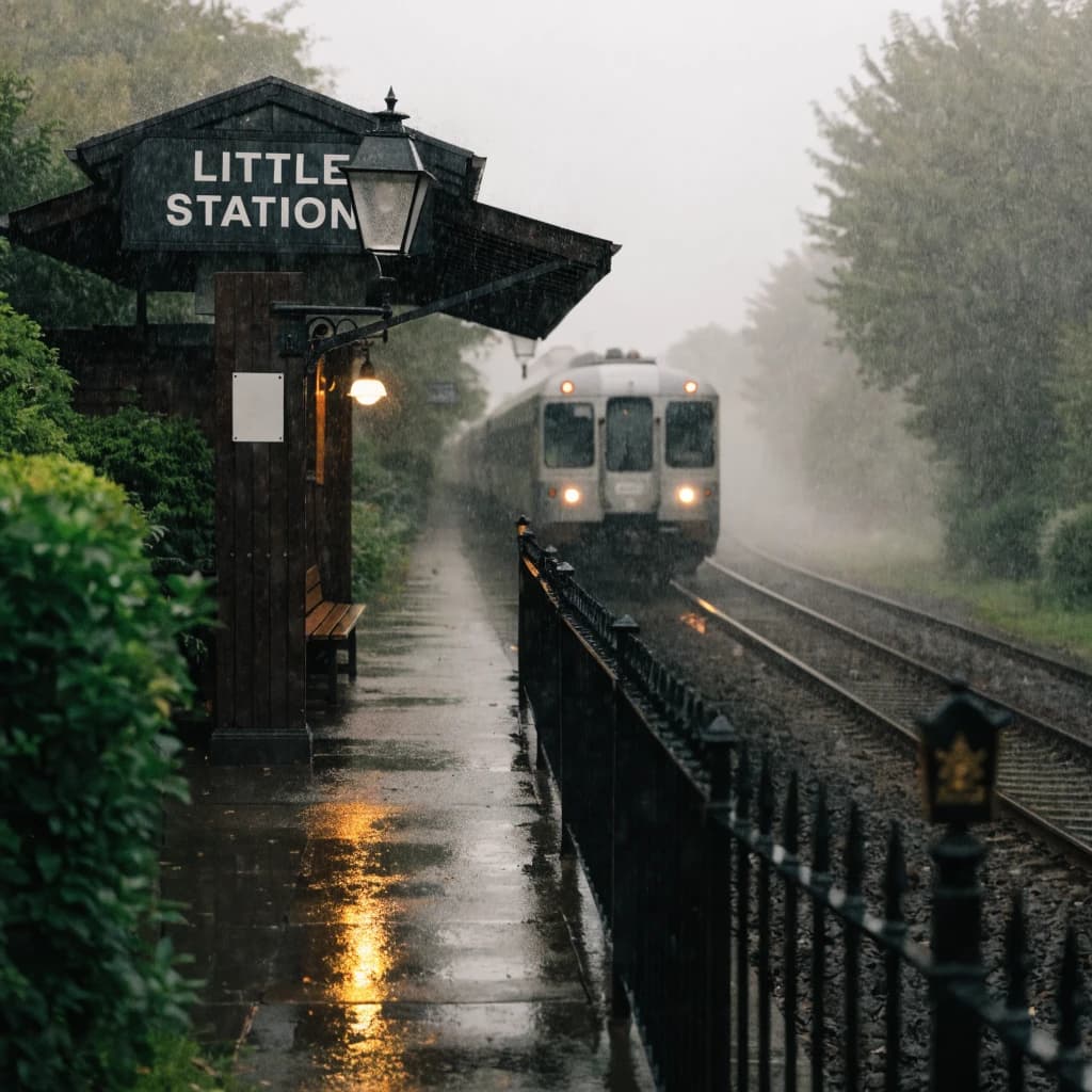 A commuter train enters a foggy little station.