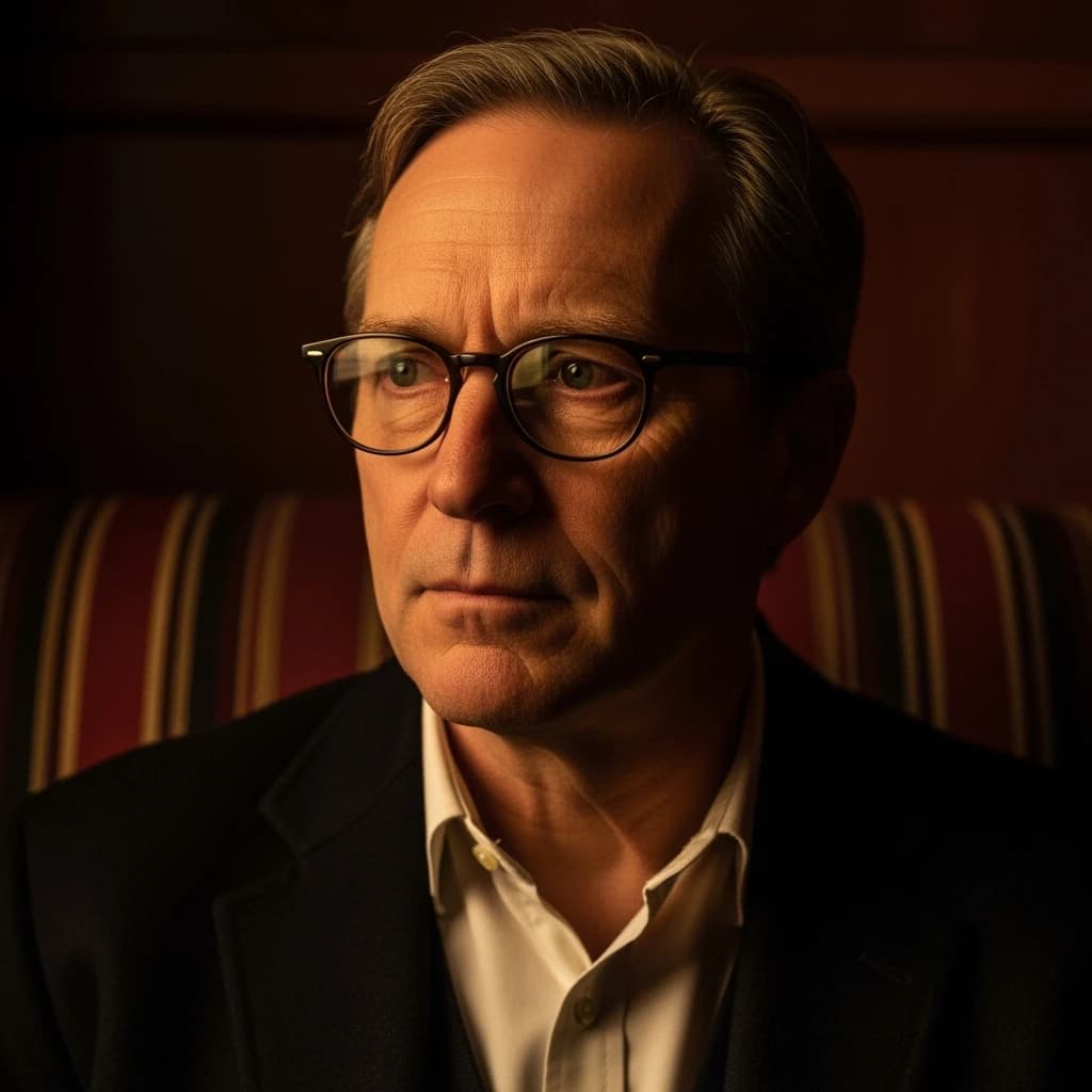 A sharply lit portrait of a middle-aged man wearing thin-rimmed glasses and a dark jacket over a white collared shirt. He gazes intently to the side, his face half illuminated by warm light while the background recedes into deep shadow. The expression is thoughtful, almost wary, as if caught mid-conversation. Behind him, a striped cushion in muted reds and blacks adds subtle texture, contrasting with the crisp highlights on his forehead and glasses. The overall mood is contemplative and cinematic, balancing warmth with tension.