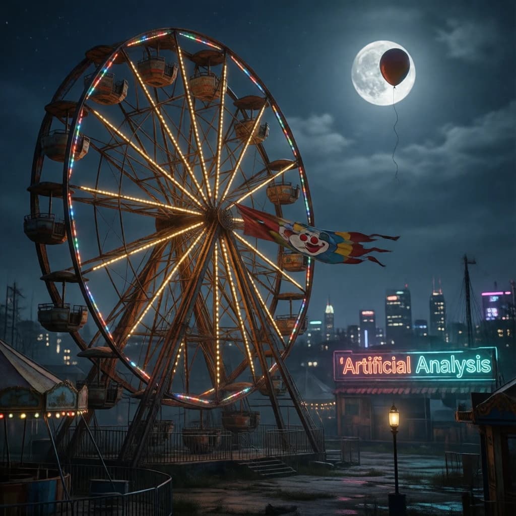 A deserted amusement park glows faintly under a half-moon. The ferris wheel is rusting yet strung with fresh, blinking LED lights. A torn clown banner flaps in a windless air. A lone balloon floats upward, tethered to nothing, while in the far distance city lights flicker on - some neon, some gas lamps as though from another century. 'Artificial Analysis' glows in neon