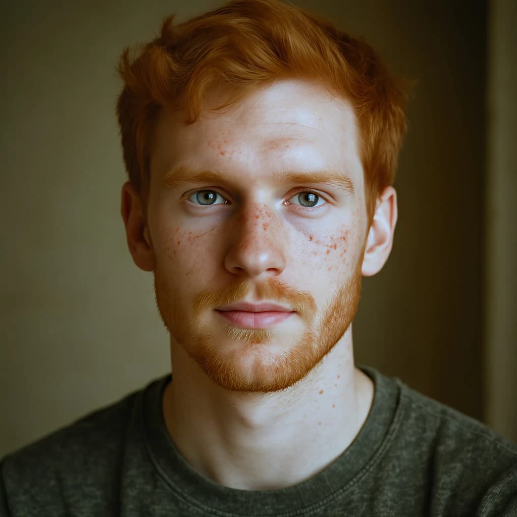 Shoot a natural light headshot of a red-haired man with freckles, green eyes.