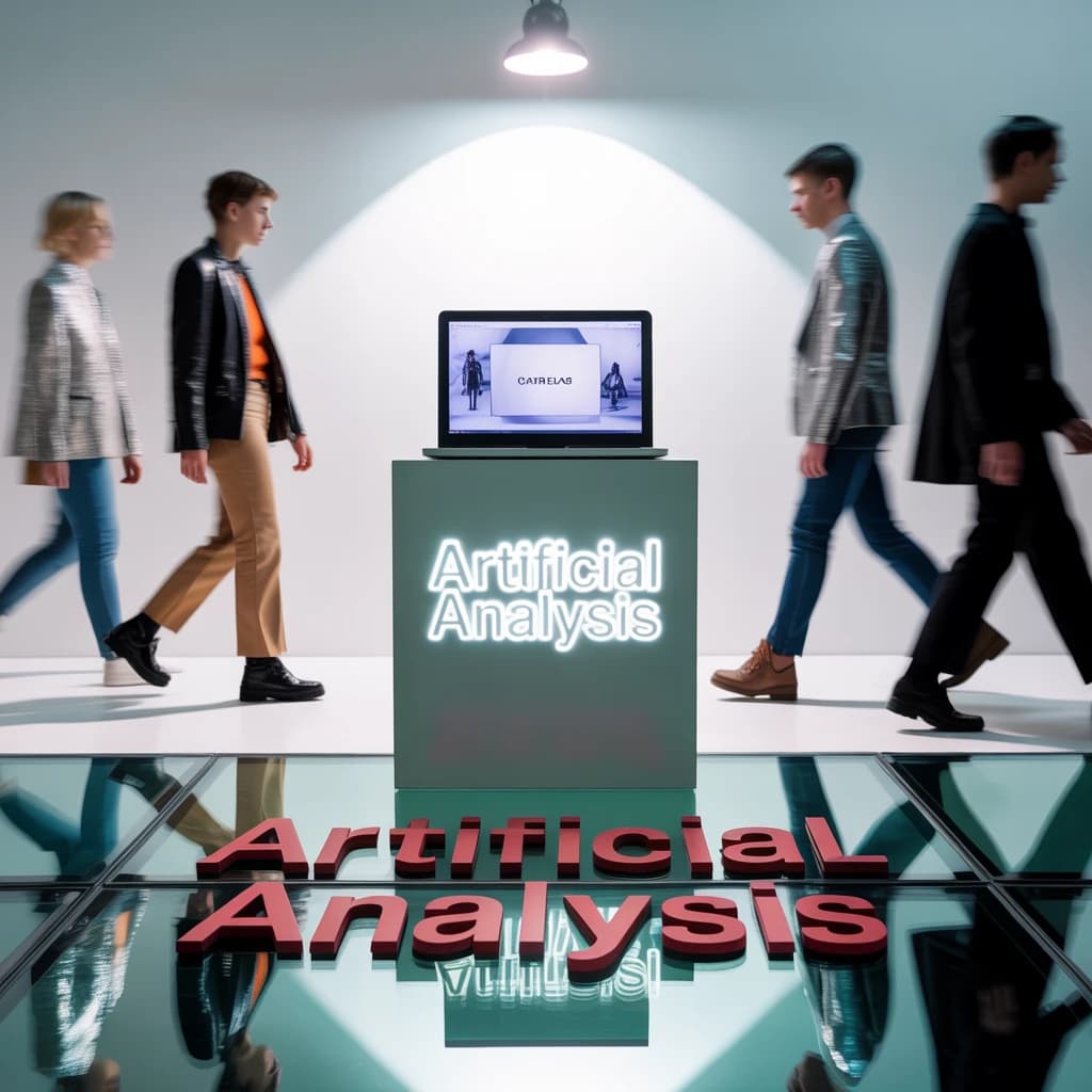 In a spotless gallery space, a pedestal supports a transparent laptop whose screen flickers between static and pristine brand imagery. Shoppers blur past in designer clothes that appear slightly outdated - bell bottoms, metallic jackets. The embossed logo “Artificial Analysis” glints silver, yet its reflection in the glass floor reads in crimson letters. A single spotlight shines, though shadows fall in two directions.
