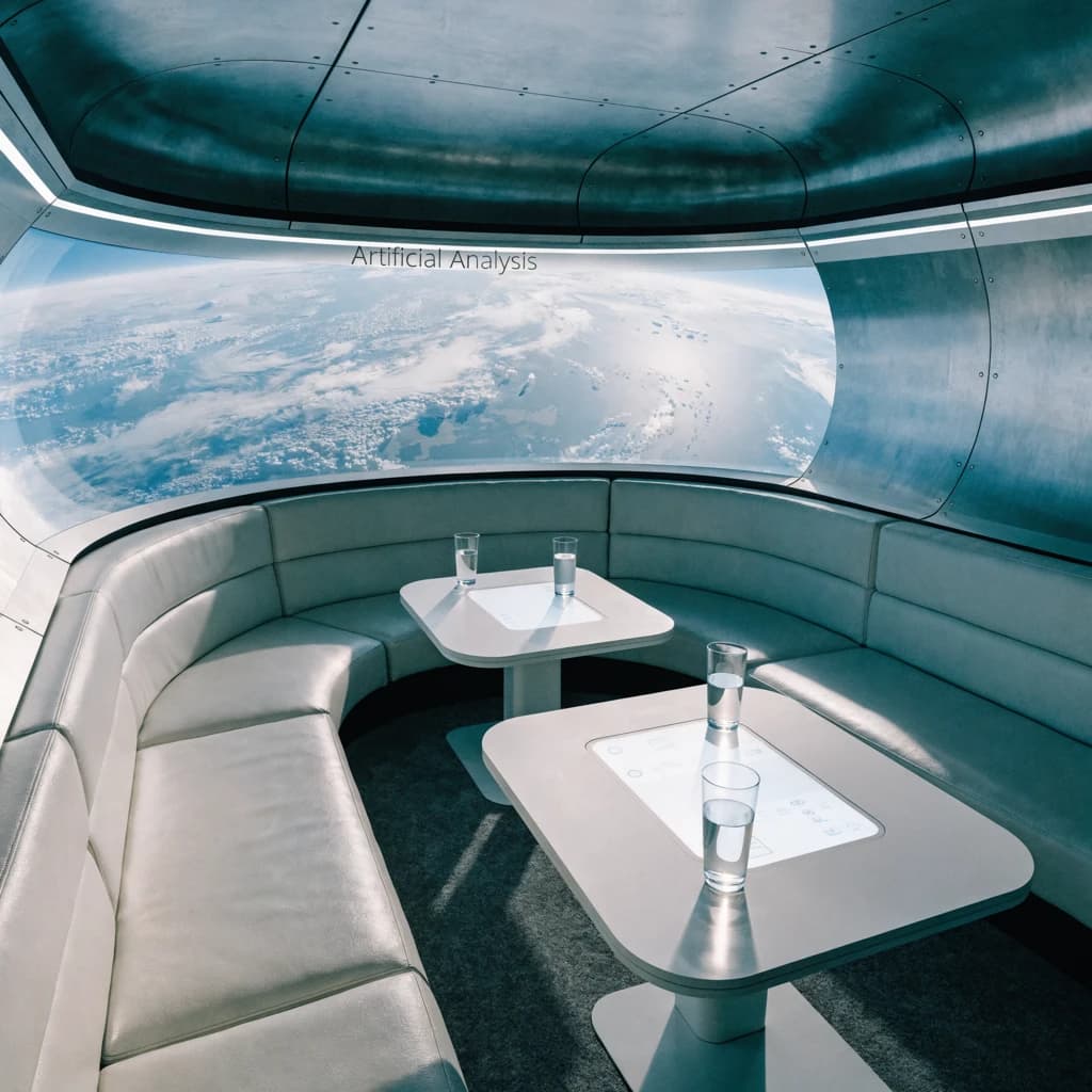 The orbital lounge has brushed aluminum walls and pale leather banquettes. Low white tables are inset with glowing touchscreens. Drinks are clear, flavorless, in tall unmarked glasses. The viewport is floor-to-ceiling, showing Earth moving slowly beneath. The word Artificial Analysis is etched discreetly on the glass in a frosted band.