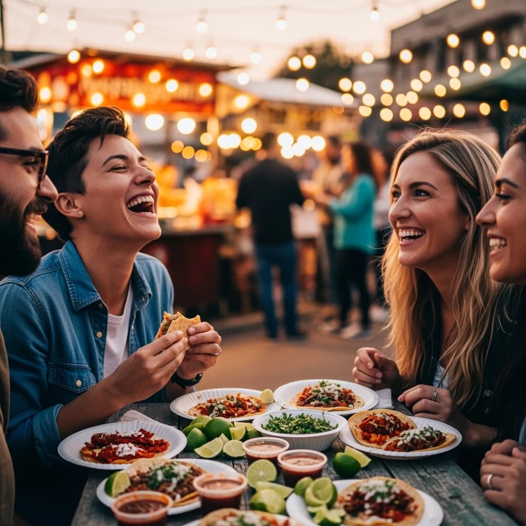 Friends laugh over street tacos at dusk, candid, shallow depth.
