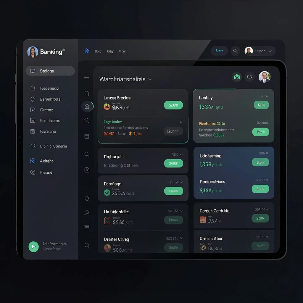 Dark mode banking dashboard with glassmorphism.