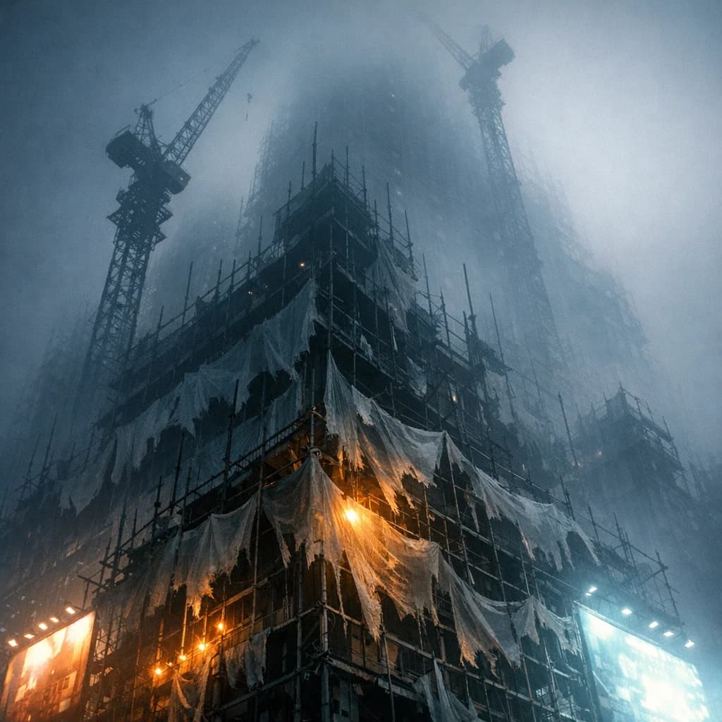 A construction site stretched upward into fog, cranes frozen in silhouette. Wind rattled scaffolding draped with torn mesh that glowed faintly from nearby billboards