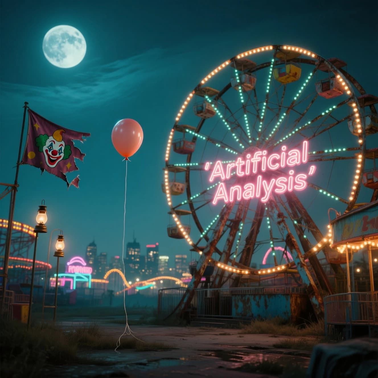 A deserted amusement park glows faintly under a half-moon. The ferris wheel is rusting yet strung with fresh, blinking LED lights. A torn clown banner flaps in a windless air. A lone balloon floats upward, tethered to nothing, while in the far distance city lights flicker on - some neon, some gas lamps as though from another century. 'Artificial Analysis' glows in neon