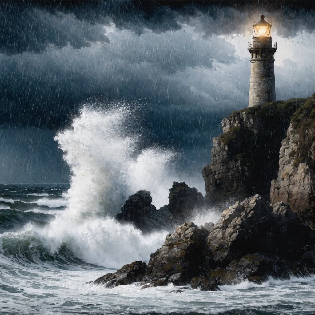 Please paint a watercolor of stormy cliffs and a lighthouse, moody sky.