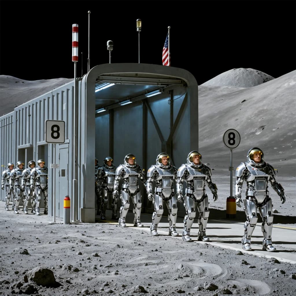 Silver exosuits queue at a dusty lunar checkpoint.
