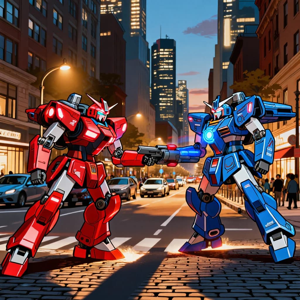 Make a cel-shaded mecha duel at dusk downtown.