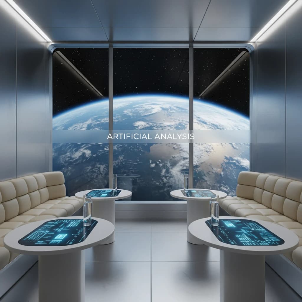 The orbital lounge has brushed aluminum walls and pale leather banquettes. Low white tables are inset with glowing touchscreens. Drinks are clear, flavorless, in tall unmarked glasses. The viewport is floor-to-ceiling, showing Earth moving slowly beneath. The word Artificial Analysis is etched discreetly on the glass in a frosted band.