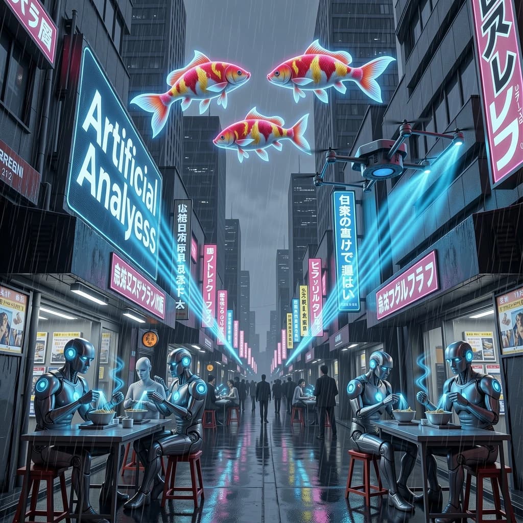 A neon alley in Neo-Tokyo 2142 drips with rain Cybernetic patrons slurp ramen at a stall with their glowing implants humming with blue light. Three giant holographic koi hover 10 metres above the ground and swim across the skyline, one has clipped into a building. A six-prop drone hovers nearby, projecting "Artificial Analysis" onto a wall with blue laser beams visible