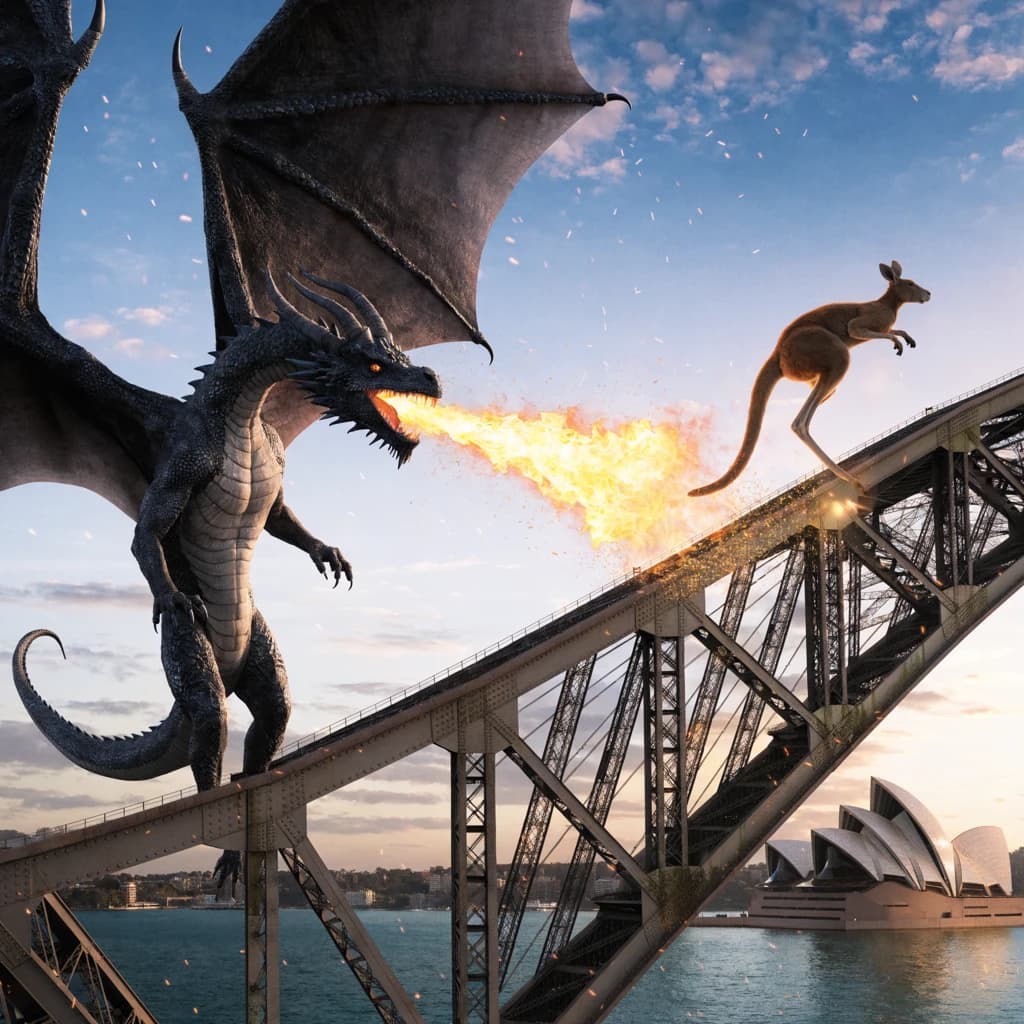 A dragon breathes fire at a kangaroo that is running away by climbing over the top of the Sydney Harbour Bridge. Opera House visible in the background.