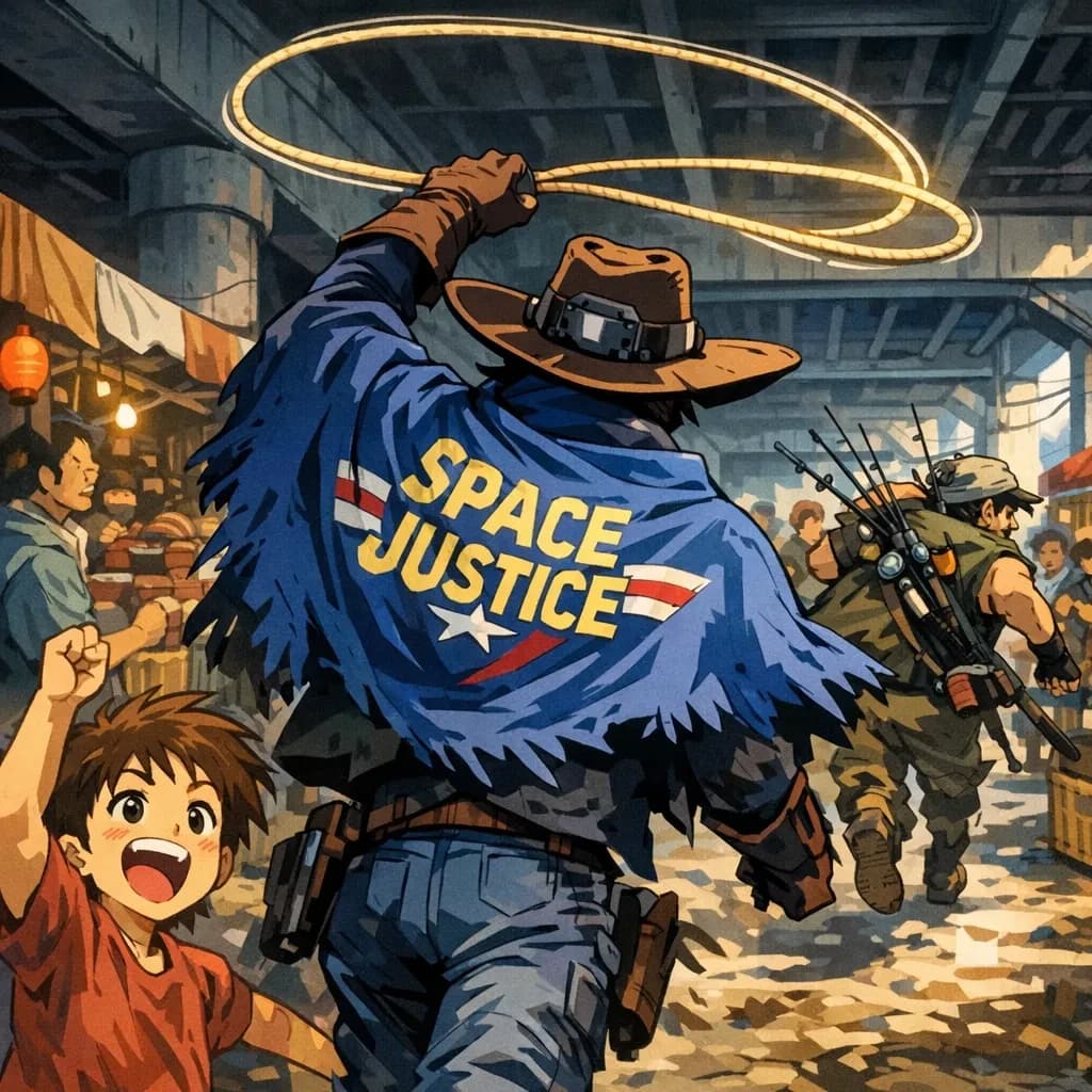 The space cowboy chases the deranged fisherman underneath the causeway, eager to collect on his bounty. Fishing rods and lines hang off the back off the fishermen as he darts between the bustling market crowd. We see the back of the space cowboy in his space poncho emblazoned with the words SPACE JUSTICE, spinning his lasso over his head. A child on the sidelines excitedly cheers the cowboy. 1990s hand drawn anime style with strong fluidity