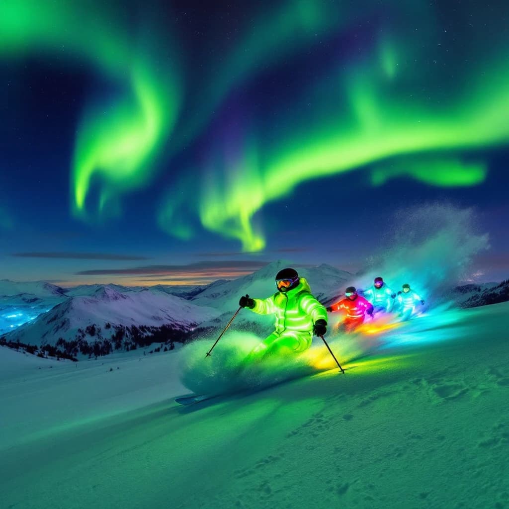 Coronet Peak Night Skiing: Skiers in colorful LED suits carve their way down the slopes of New Zealand's Coronet Peak under the Aurora Borealis, the skiers' light trails visible behind them