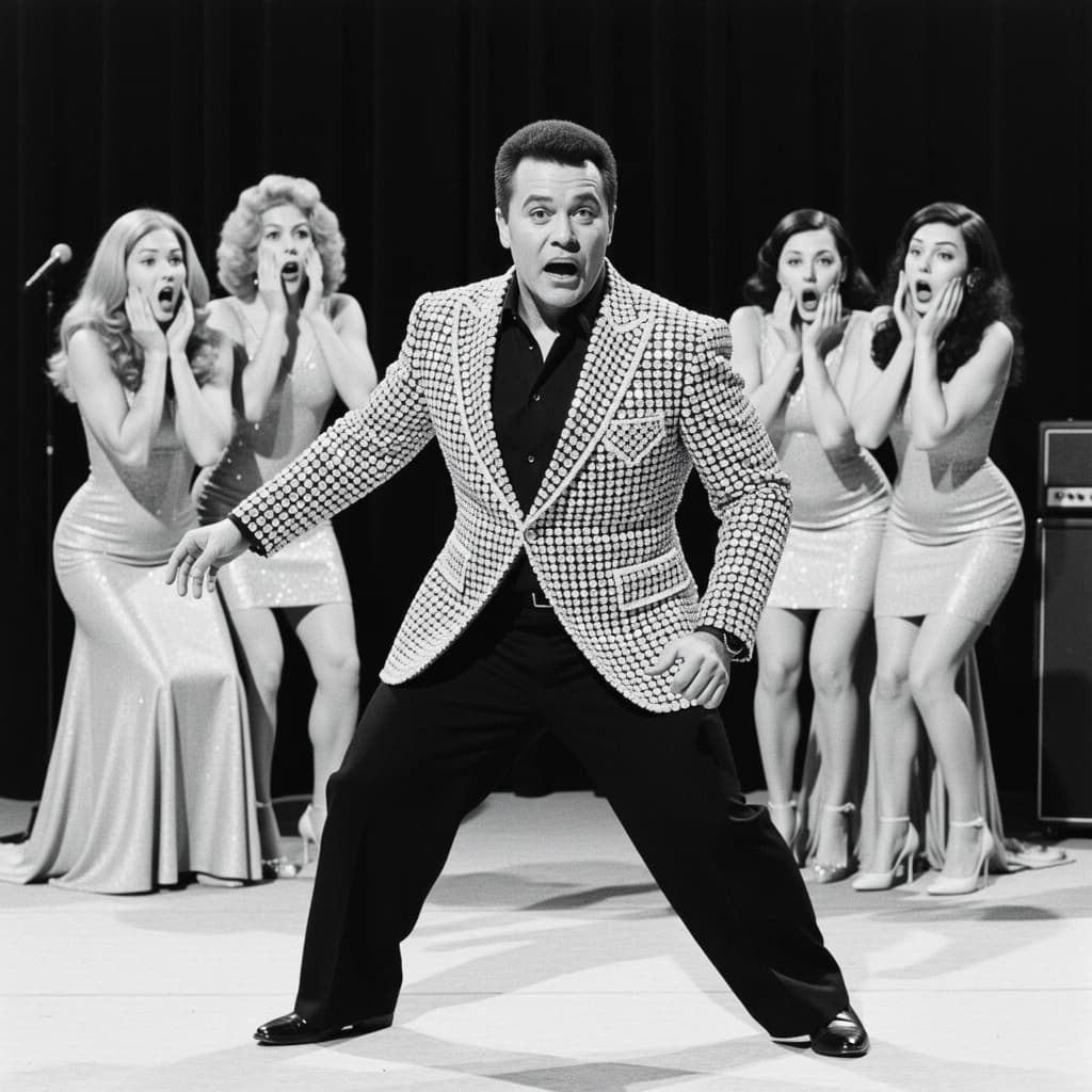 An archival image from 1953 of the rock singer swinging his hips on the stage while glamorous back up singers feign shock at his gyrations! He wears a diamond encrusted jacket with the stones arranged in the shape of a heart