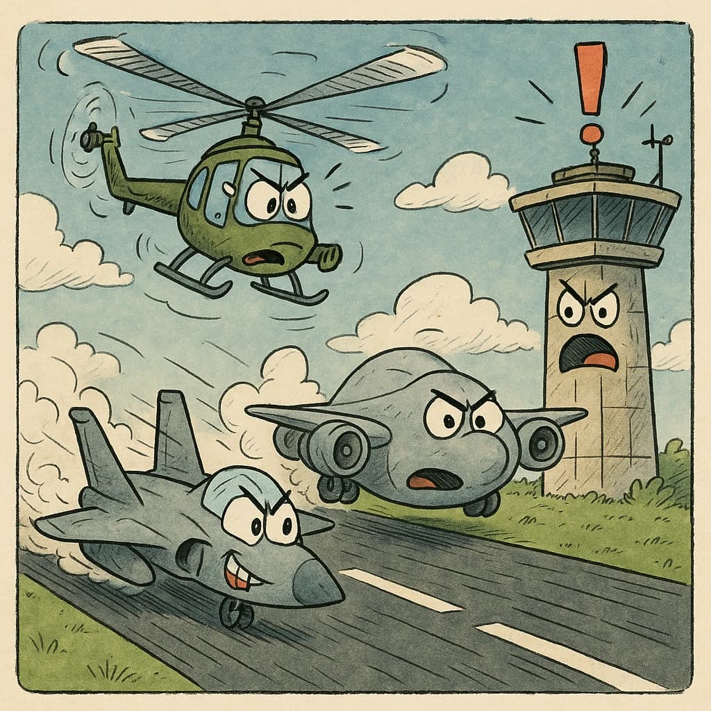 Almost at the runway, Fred the Fighter Jet is racing with Barry the Bomber to see who lands first. Fred has a mischievous trick up his sleeve but Hermione the Helicopter is going to stop him before he gets the chance. The control tower is very angry and has a big exclamation mark. Hand drawn cel look
