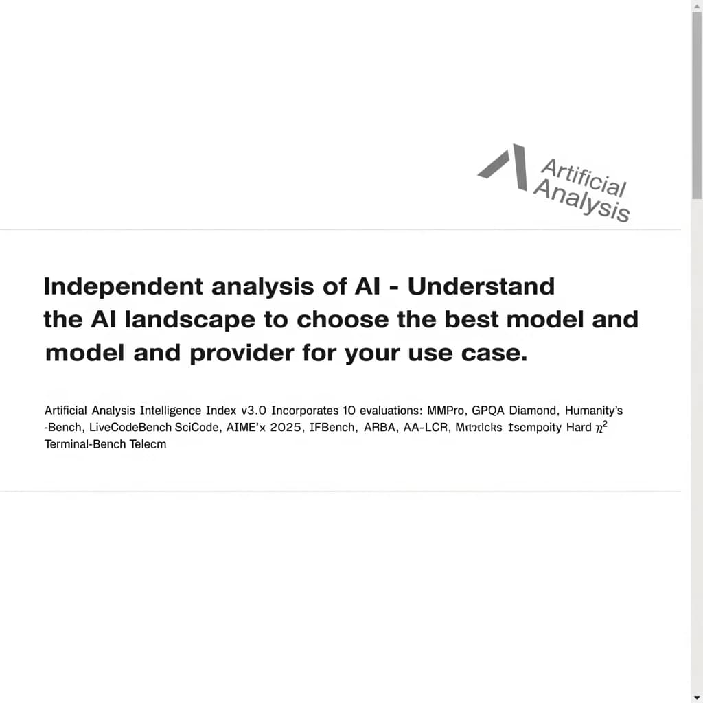 On a white dashboard with thin gray dividers, place a centered header in Helvetica Neue Bold, 20pt: “Independent analysis of AI - Understand the AI landscape to choose the best model and provider for your use case.” Directly beneath, a subheader in smaller Regular weight, 14pt: “Artificial Analysis Intelligence Index v3.0 incorporates 10 evaluations: MMLU-Pro, GPQA Diamond, Humanity's Last Exam, LiveCodeBench, SciCode, AIME 2025, IFBench, AA-LCR, Terminal-Bench Hard, 𝜏²-Bench Telecom.” The header is fully justified but the subheader is left-aligned. In the upper right corner, the Artificial Analysis logo appears watermarked, diagonal, faint gray, partially overlapping the scrollbar.