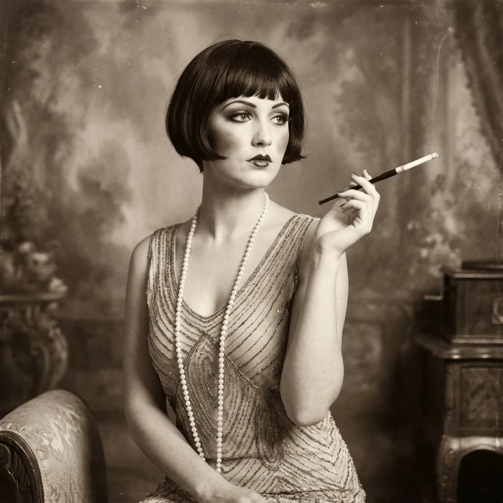 Sepia-toned studio portrait of a flapper with pearl necklace, soft grain.