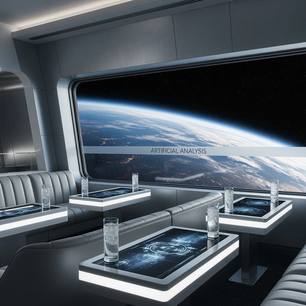 The orbital lounge has brushed aluminum walls and pale leather banquettes. Low white tables are inset with glowing touchscreens. Drinks are clear, flavorless, in tall unmarked glasses. The viewport is floor-to-ceiling, showing Earth moving slowly beneath. The word Artificial Analysis is etched discreetly on the glass in a frosted band.