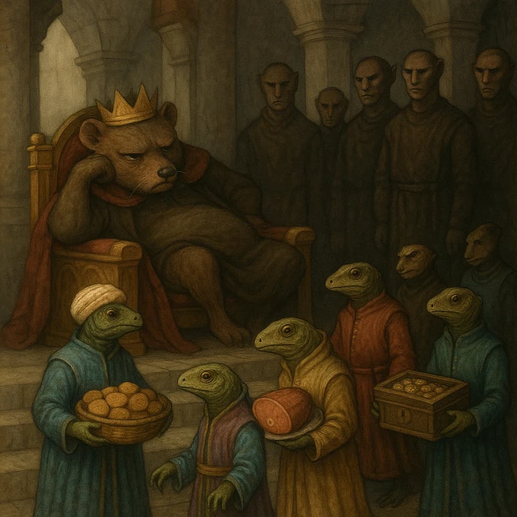 Big Weasel, the tyrannical ruler of the Levitus, slouches on his throne, his mood foul but somewhat brightened by the sight of gifts - a wearisome group of lizard traders adorned in fine silks proceed toward him through the hall with their annual tribute of biscuits, ham and gold - Big Weasel's favourites. Big Weasel's entourage looks on with stern approval.