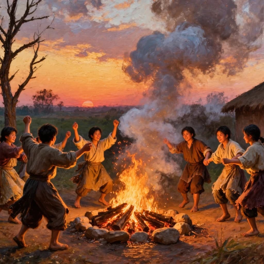Make an oil painting of villagers dancing by a bonfire at dusk, a bit smoky.