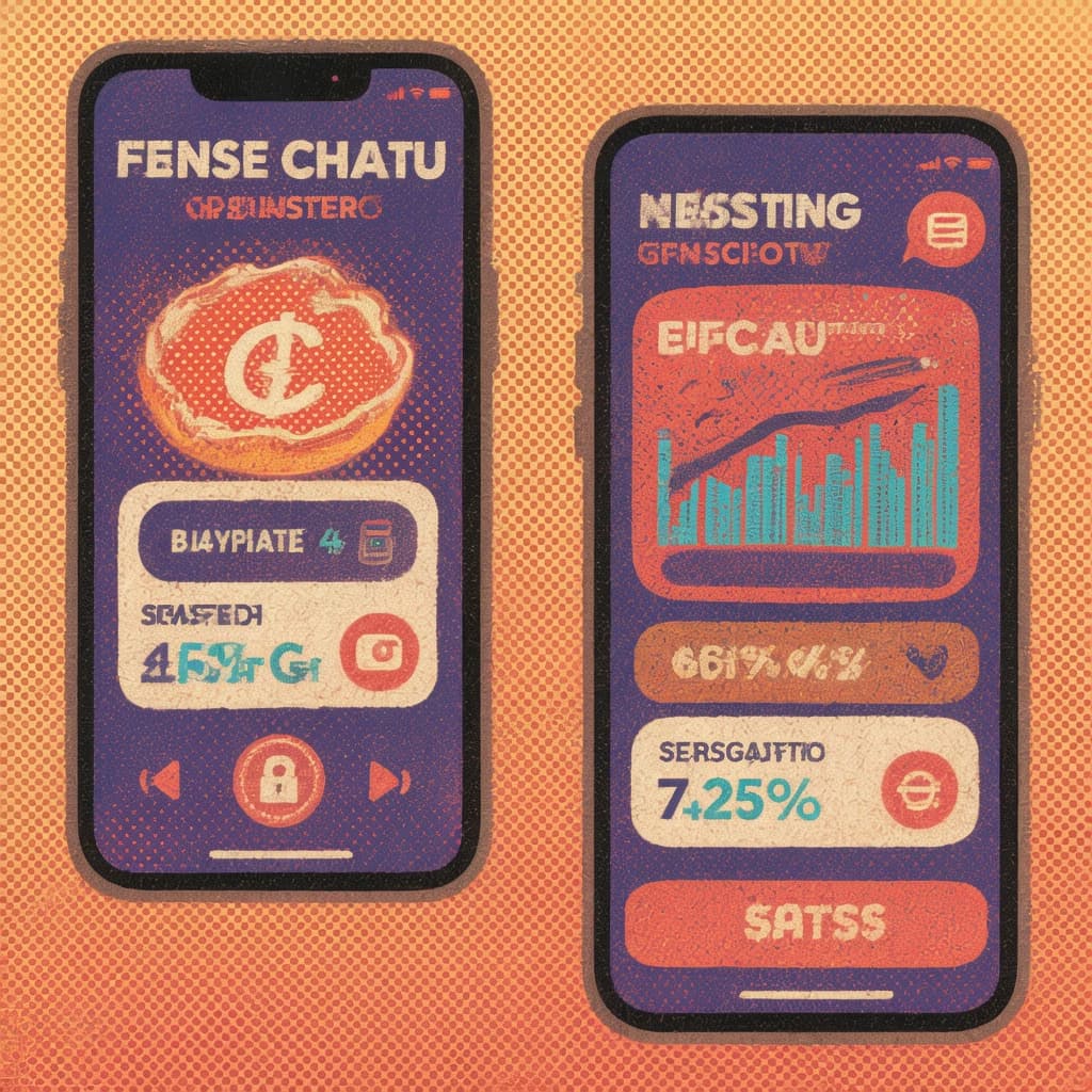 Make mobile finance app screens with mid-century palette, halftone, paper grain.