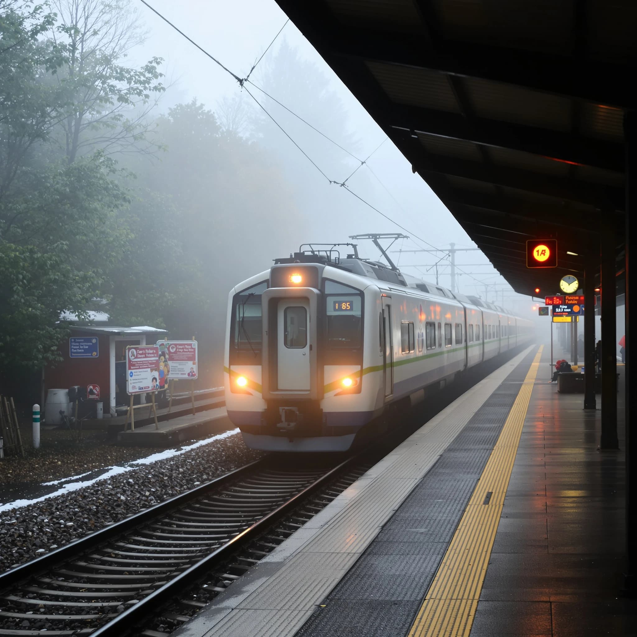 A commuter train enters a foggy little station.