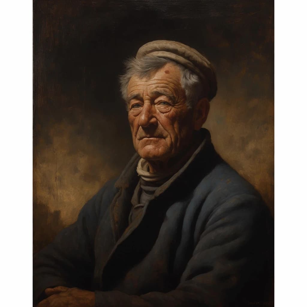 Oil on canvas portrait of an elderly sailor, weathered face, soft light.