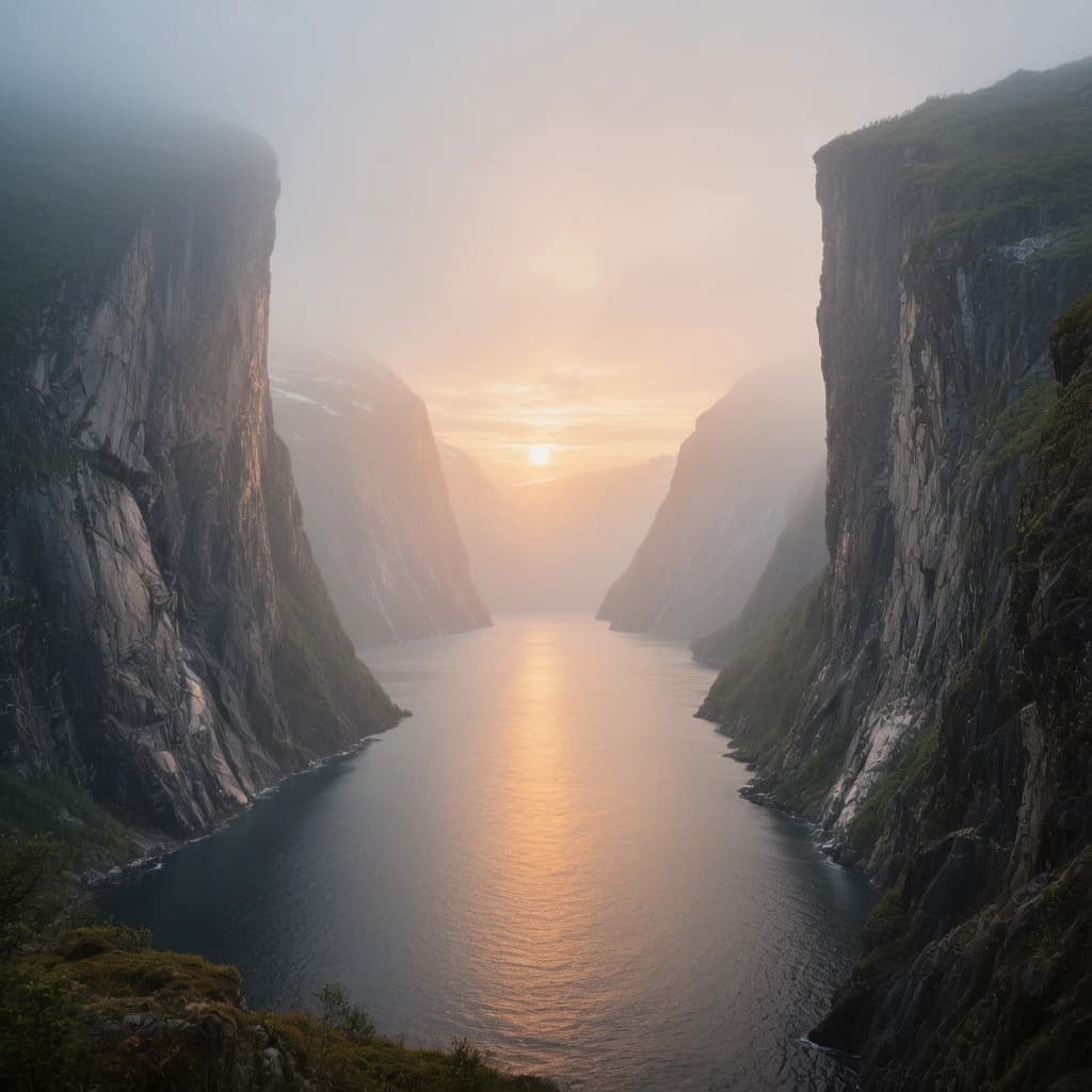 Frame a foggy fjord at sunrise, cliffs looming.