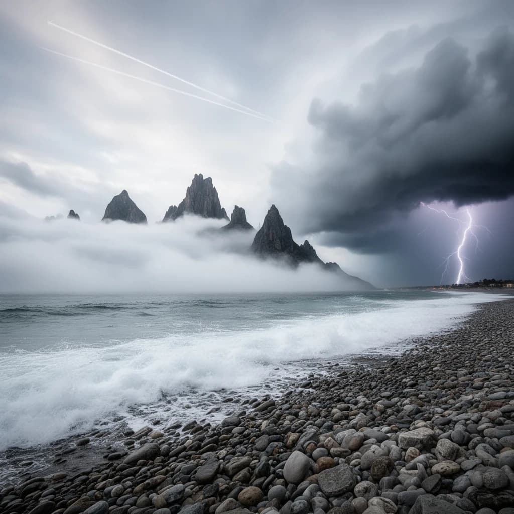 A stunning mountain vista pokes through the cloud top. Contrails from a distant airplane linger in the air. In the foreground there is a stony beach with foamy seas. A thunder storm is visibile in the distant right.