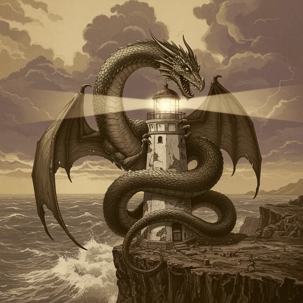 Let's do a sepia pulp cover where a dragon coils around a cliffside lighthouse.