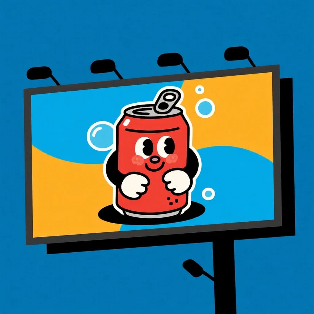 Design a bright soda billboard ad with a bubbly can mascot, thick inky lines.