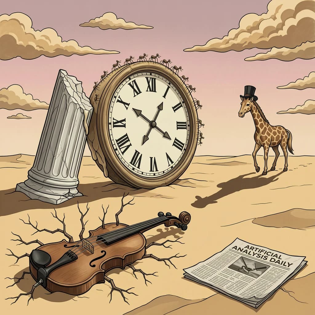 A vast desert plain stretches endlessly under a sky streaked with pale pink and ochre clouds. In the center stands a colossal clock, its face drooping and melting over the edge of a broken marble column. Ants swarm across its warped surface, glinting in the harsh sunlight. To the right, a horse with a giraffe like neck wearing a top hat strides toward the horizon, its shadow stretching miles across the sand. A cracked violin lies half-buried in the foreground, strings snapping outward like veins. Painted in the dreamlike surrealist style. A newspaper named the "Artificial Analysis Daily" lies on the Floor.