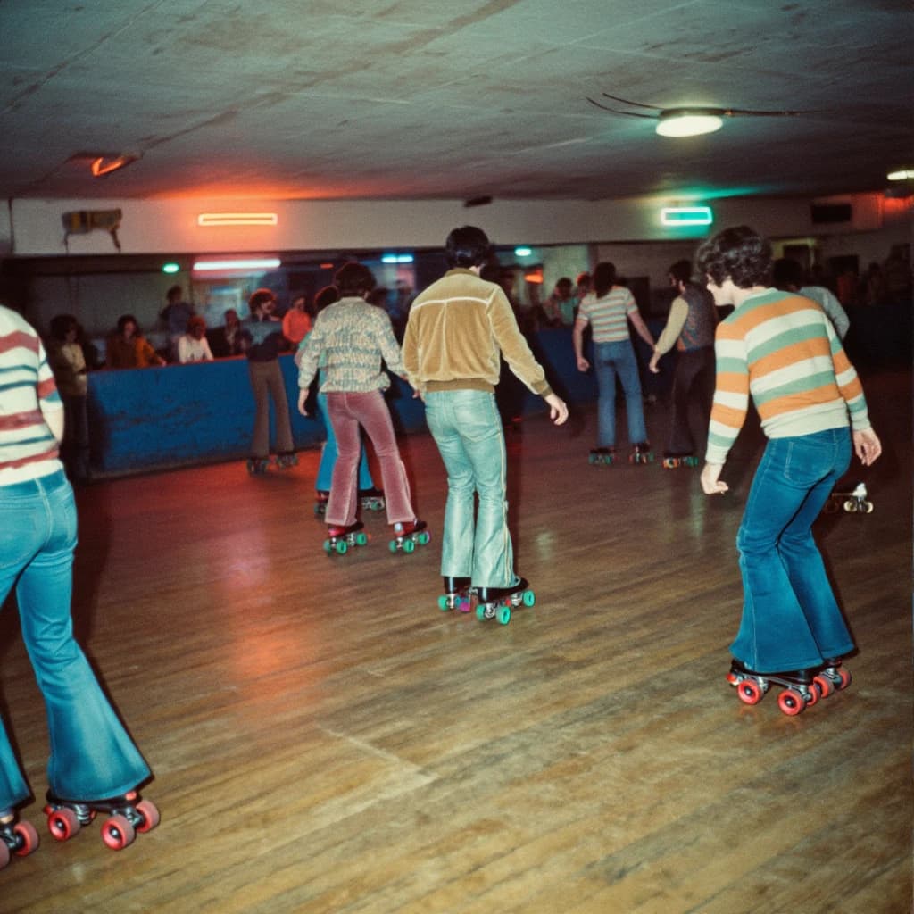 A 1970s roller rink crowd skates under neon, with a bit of fade and film grain.