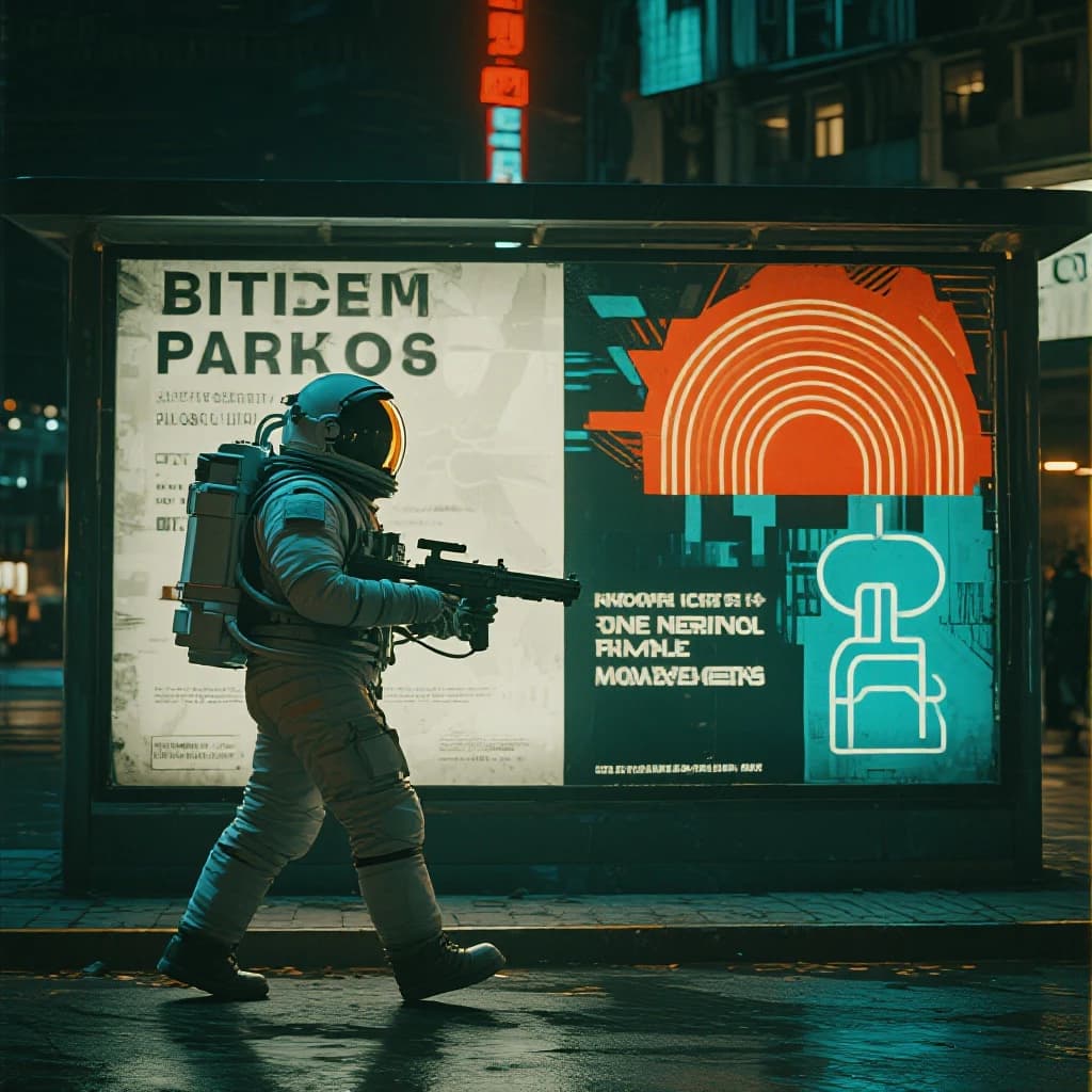 Raygun-toting astronaut in a bubble helmet strolls past art deco billboards.