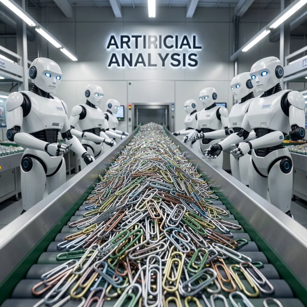 Close up point of view perspective on a conveyor belt pumping out paperclips at a maddening pace. The high tech factory has Artificial Analysis printed proudly on the wall. Robot staff look approvingly over the robust output.