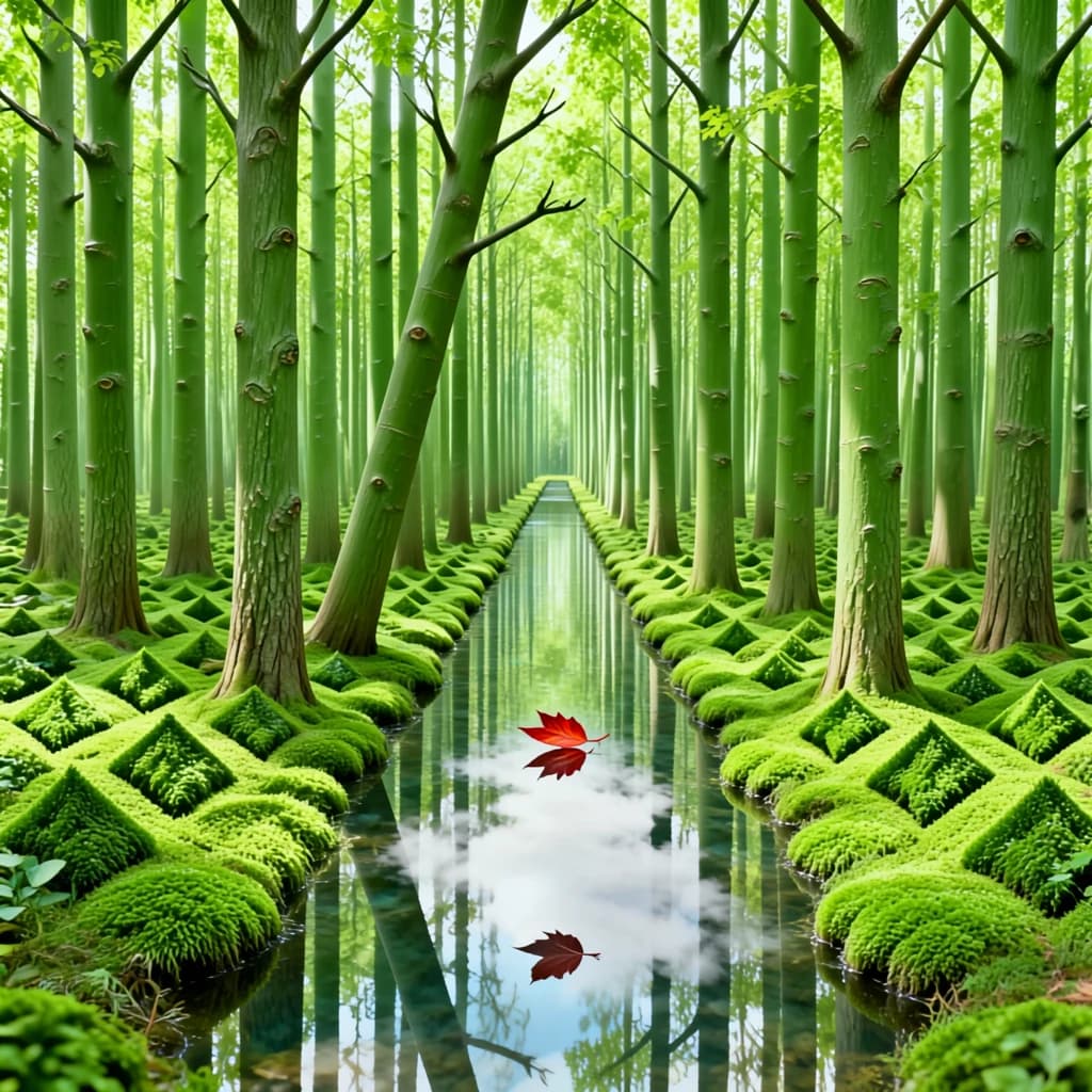 The forest is saturated green, trees identical in height and width, trunks straight, bark texture repeating. One trunk leans diagonally yet the branches remain vertical. The moss is emerald, glistening, though each patch forms identical diamond shapes. A stream runs straight, perfectly linear, water clear, reflecting clouds not visible in the sky. No animals, no insects, but one leaf floats on the water, doubled, showing two overlapping shadows.