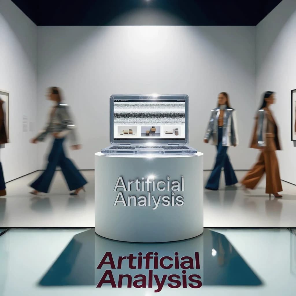 In a spotless gallery space, a pedestal supports a transparent laptop whose screen flickers between static and pristine brand imagery. Shoppers blur past in designer clothes that appear slightly outdated - bell bottoms, metallic jackets. The embossed logo “Artificial Analysis” glints silver, yet its reflection in the glass floor reads in crimson letters. A single spotlight shines, though shadows fall in two directions.