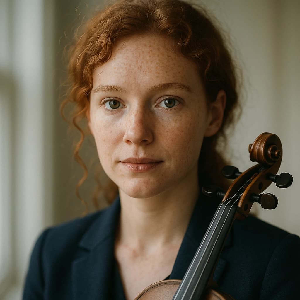 Capture a head-and-shoulders portrait of a freckled red-haired violinist in a navy blazer, soft window light, 85mm at f/1.8, gently smiling yet serious eyes, muted tones.