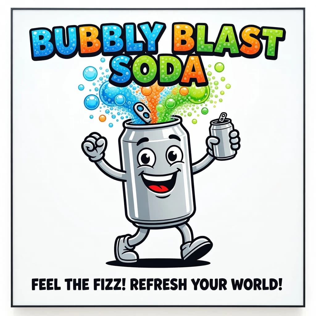Design a bright soda billboard ad with a bubbly can mascot, thick inky lines.